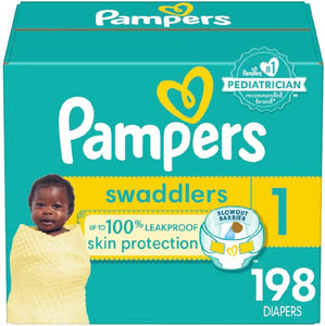 Pampers Swaddlers Diapers, Size 1 (8-14 lbs), 198 Count, Absorbent, Keeps Baby Dry and Comfortable, Skin Safe Disposable Baby Diaper (Packaging May Vary)